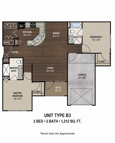 A floor plan of a 2 bedroom, 2 bathroom apartment.